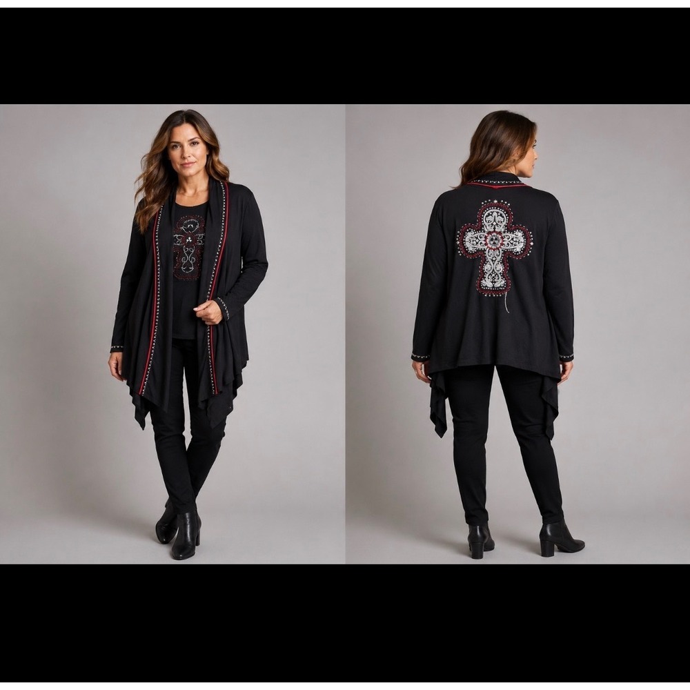 Double D Ranch Womens Black Embroidered Cross Studded Open Front Cardigan L/XL